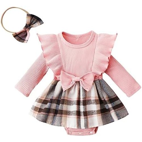 Newborn Baby Girl Fall Winter Outfit Set Plaid Romper Dress Ruffles Long Sleeve Clothes Jumpsuit with Bow Headband