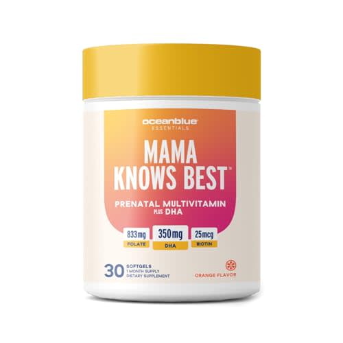 Oceanblue Essentials Mama Knows Best – 30ct – Prenatal Multivitamin with Omega-3 DHA – Supports a Healthy Pregnancy – Easy to Swallow Softgels – Tasty Orange Flavor – 1 Month Supply