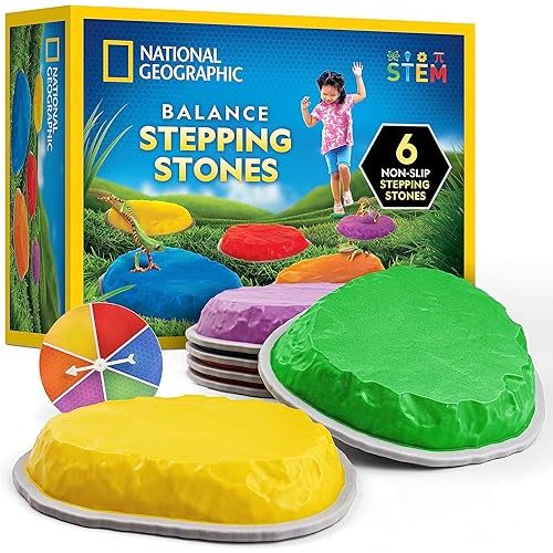NATIONAL GEOGRAPHIC Stepping Stones for Kids – 6 Durable Non-Slip Stones Encourage Toddler Balance & Gross Motor Skills, Indoor & Outdoor Toys, Balance Stones, Obstacle Course (Amazon Exclusive)
