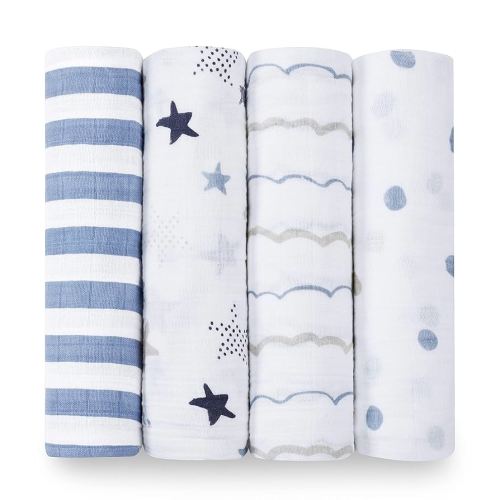 aden + anais Boutique Muslin Swaddle Blanket for Baby Girls and Boys, Newborn Receiving Blanket for Swaddling, 100% Muslin Cotton Swaddle Wrap, 4 Pack, Rock Star