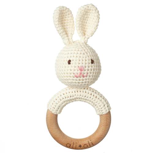 Teething Toy Rattle Wood Ring, Crochet Bunny