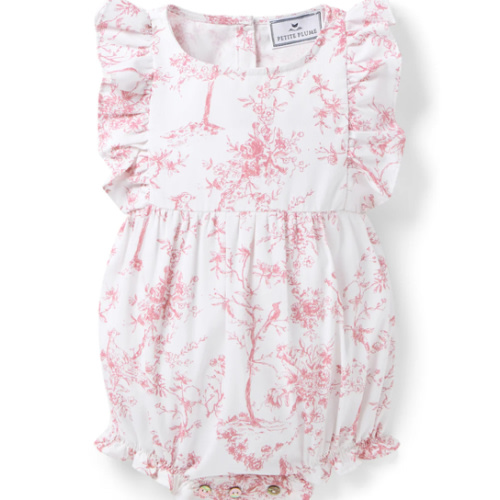 Baby's Twill Ruffled Romper in Pink Timeless Toile