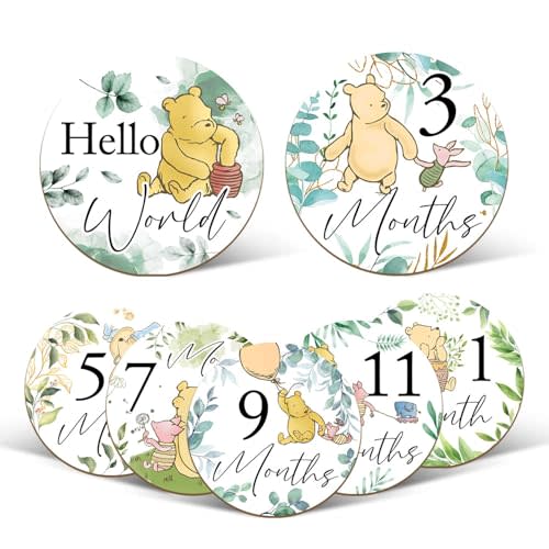 7 Pcs Winnie Baby Monthly Milestone Markers, Winnie Double Sided Baby Months Wooden Signs with Storage Bags, Baby Monthly Announcement Wooden Discs, Milestone Pictures of Your Newborn Boy & Girl