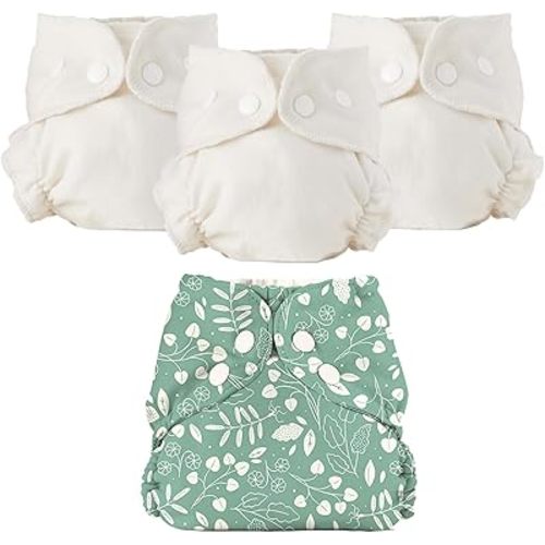 Esembly Cloth Diaper Bundle Set - 3 Organic Cotton Absorbent Inners and 1 Waterproof Outer Diaper Cover - Reusable, Washable, Snap Closure Cloth Diapers - Size 1 (7-17lbs), Botany