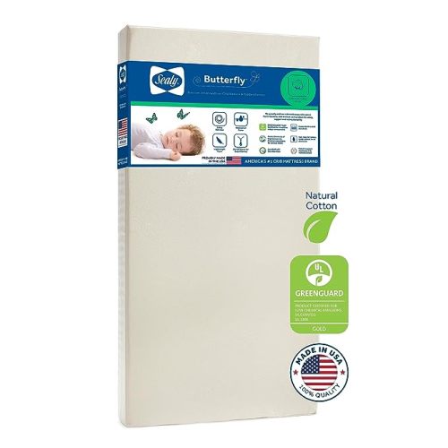 Sealy Butterfly Breathable Cotton Non-Toxic Waterproof Premium Foam Baby Crib Mattress & Toddler Bed Mattress, Waterproof Crib Mattress, American Foam GREENGUARD GOLD Certified, Made in USA, 52"x28" - Cotton Comfort