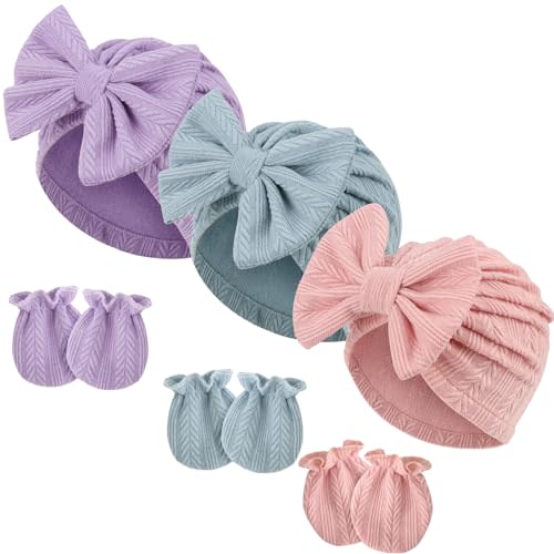 BQUBO Newborn Baby Hospital Hats Beanie Bow Infant Caps Baby Cotton No Scratch Mittens Set for 0-6 Months