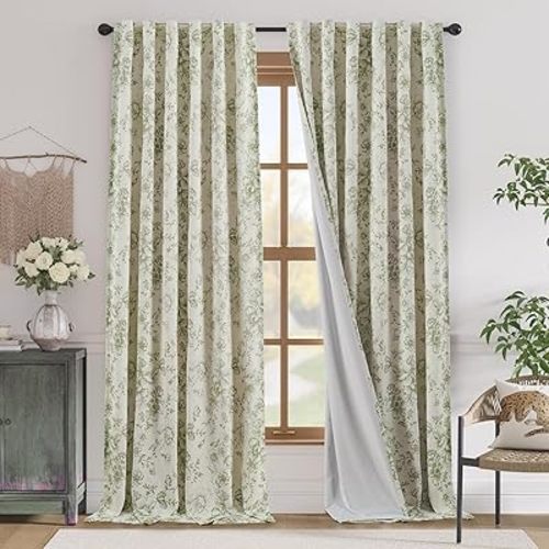 jinchan Blackout Linen Blend Curtain Floral Blackout Curtains for Living Room 96 Inch Length Sage Green Printed with Lined Blackout Curtain for Bedroom Farmhouse Curtains Set 2 Panels