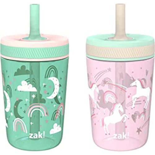 Zak Designs Kelso Toddler Cups For Travel or At Home, 15oz 2-Pack Durable Plastic Sippy Cups With Leak-Proof Design is Perfect For Kids (Fanciful Unicorn, Happy Skies)