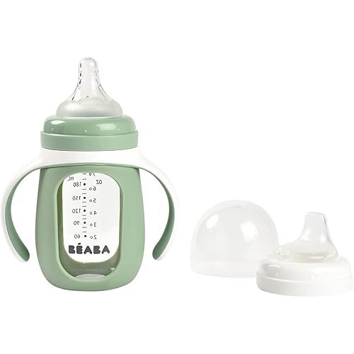 BEABA 2-in-1 Glass Baby Bottle to Glass Transition Sippy Cup, Spill Proof Sippy Cup, Toddler Baby Bottle with Soft Silicone Nipple and Spout, 7 oz (Sage)