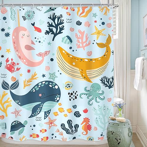 LGhtyro Kids Whale Blue Shower Curtain Bathroom Set 60Wx71H Inches Funny Cute Cartoon Fish Ocean Sealife Under Sea Coral Starfish Bath Accessories for Boys Girls Art Home Decor Fabric 12 Pack Hooks