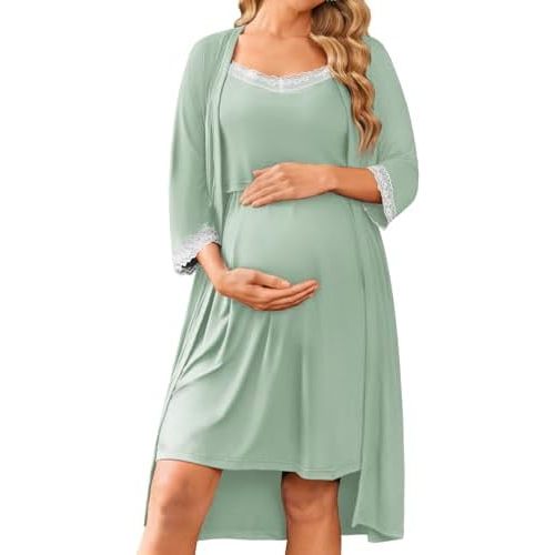 Ekouaer Women Lace Maternity Nursing Gown and 3/4 Sleeve Robe Set Double Layer Breastfeeding Nightgown Slip Dress & Bathrobe
