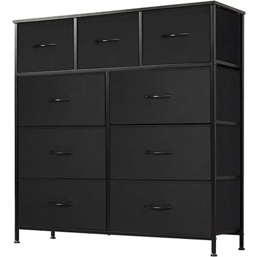 DUMOS Dresser for Bedroom, Storage Organizer with 9 Drawers, Chest of Drawers with Fabric Bins, Sturdy Metal Frame, Wood Tabletop for Guest Room, Closet, Entryway, Nursery
