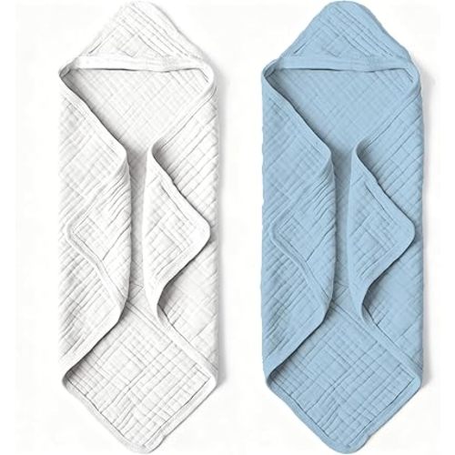 Organic Muslin Hooded Baby Bath Towels - 2 Pack 100% Organic Cotton Towel for Babies, Infants, Toddlers - 32x32Inch - Highly Absorbent and Newborn Essential(Grey Blue)