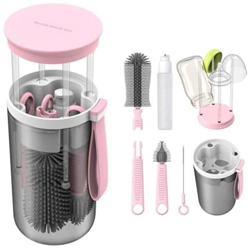 TechoEcho Travel Baby Bottle Brush Set with Extendable Liquid Silicone Bottle Brush,Nipple Brush,Built-in Bottle Drying Rack,Straw Cleaner Brush,Baby Bottle Soap Dispenser,Bottle Warmer (Pink)
