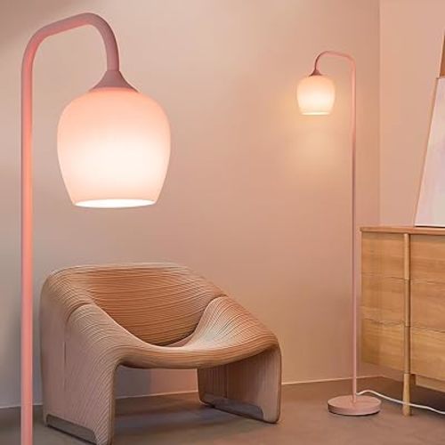 ONEWISH Pink Floor Lamp-Modern Standing Lamp for Living Room Bedroom, Glass Lamp Shade, LED Bulb Included, Cute Simple Design, Gift for Girls Women