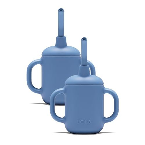 Lalo Little Cup 2-Pack, Non-Toxic Silicone Straw Cup with Handles - Baby and Toddler Sippy Cup - Mini Cup and Straw Training System, 4oz, Blueberry