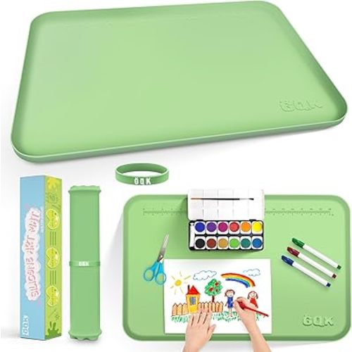Silicone Art Mat for Crafts, 24" x 16" Painting Mat for Kids with Raised Sides to Stay Tidy, Paint Craft Mats for Clay, Resin, Slime, Jewelry-Making & Crafts Creation (Green)