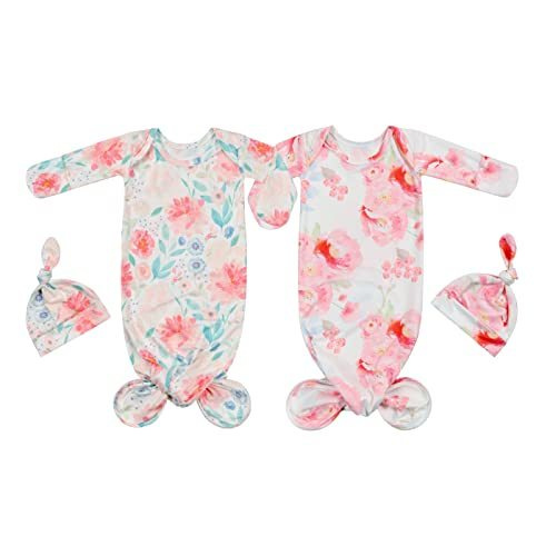 Giggle Angel Newborn Baby Sleeper Gown - Knotted Nightgown Coming Home Outfits for Baby Girl - 2-Piece Set With Hat