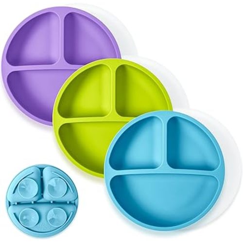 WeeSprout Suction Plates with Lids for Babies & Toddlers - 100% Silicone, Dinnerware Stays Put, Divided Design for Picky Eaters, Microwave & Dishwasher Friendly, 3 Pack