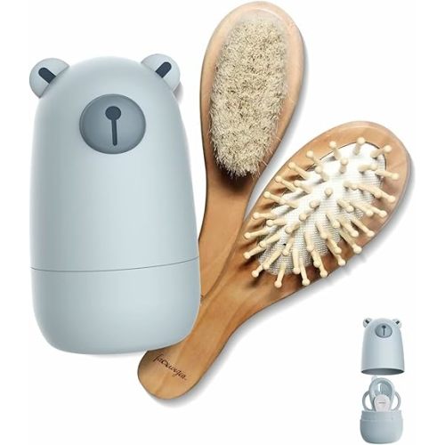 6-in-1 Baby Grooming Set, Natural Wooden Hairbrush and Comb, Nail Clippers,Nail Scissors, Nail File and Tweezers for Kids and Newborns in Nice Gift Box