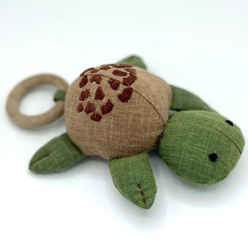 Linen Turtle Rattle Toy - Handmade non-toxic baby toy - wooden ring chew - nature inspired baby gift - newborn nursery decor