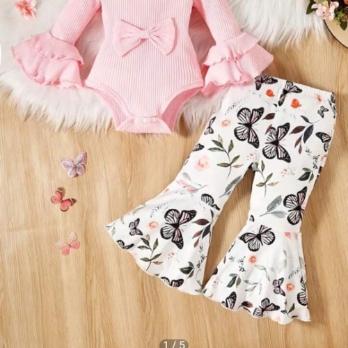 Baby Girl Pink Harem Bodysuit With Butterfly Print And Flared Pants Outfit, Fall/Winter | SHEIN USA