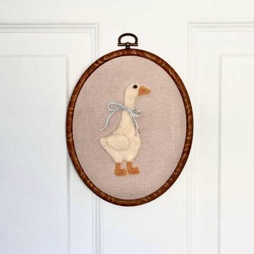 Needle Felted Goose Nursery Art – Personalized Name Embroidery, Baby Shower Gift