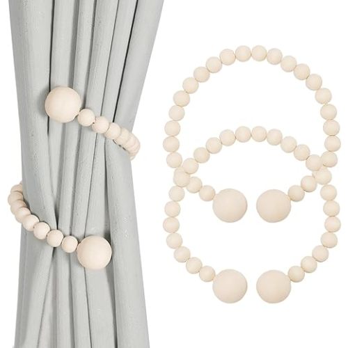 KLOGTSIND Wood Bead Curtain Tiebacks, Curtain Tie Backs for Curtains 2 Pack, DIY Curtain Holdbacks for Thin or Thick Window Draperies, Twist Tie Backs for Boho Bedroom Decor, No Magnetic