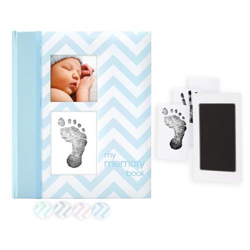 Pearhead Baby Memory Book, First 5 Years Baby Milestone Book, Pregnancy Journal, Gender Neutral Newborn Keepsake, With Clean-Touch Ink Pad For Baby's Handprint or Footprint, Blue Chevron
