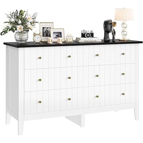 FOTOSOK White Dresser, Chest of Drawers, Modern 6 Drawer Double Dresser with Deep Drawers, Nursery Dresser for Baby, Wide Storage Organizer Cabinet for Living Room, Hallway,White&Black
