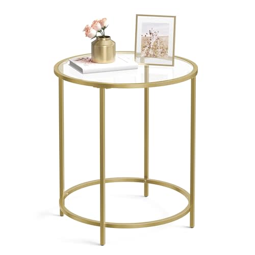 VASAGLE Round Side Table, Glass End Table with Metal Frame, Gold Coffee Table with Modern Style, for Living Room, Balcony, Bedroom, Gold Color