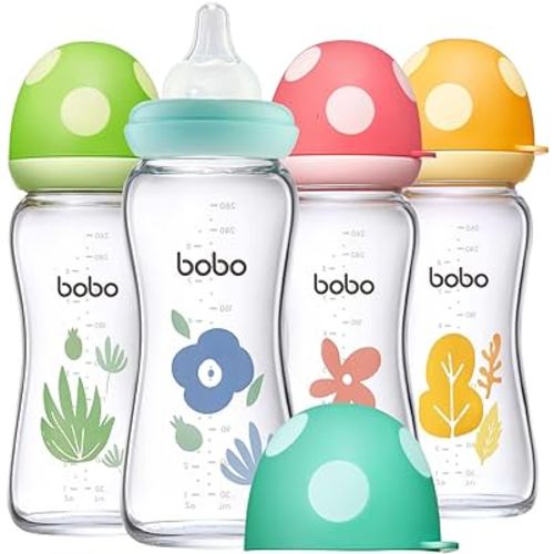 YOHKOH Natural Glass Baby Bottle with Natural Response Nipple, Newborn Anti-Colic Baby Bottles, Wide Neck Mushroom Cap Baby Bottle, Clear (8.8oz (Pack of 4), Multicolour)