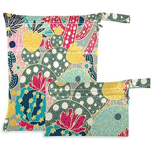visesunny Cactus with Flower Dot 2Pcs Wet Bag with Zippered Pockets Washable Reusable Roomy for Travel,Beach,Pool,Daycare,Stroller,Diapers,Dirty Gym Clothes, Wet Swimsuits, Toiletries