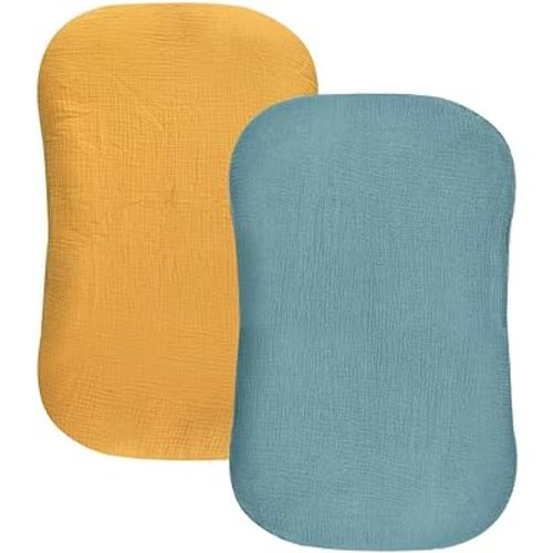 Hooyax Baby Lounger Cover 2 Pack - 100% Muslin Cotton Newborn Lounger Pillow Covers Only, Soft Breathable Infant Lounger Cover with Reinforced Stitching, Fits Most Standard Baby Loungers (Blue Ginger)