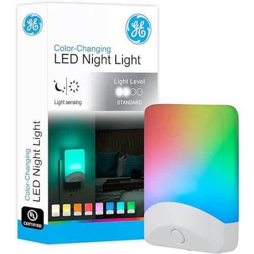 GE Color-Changing LED Night Light, Plug Into Wall, Dusk to Dawn Sensor, Ambient Lighting, for Bedroom, Childrens Room, Nursery, Safety Rated, 1 pack, 34693