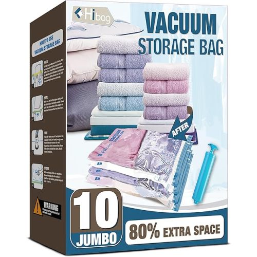 HIBAG Vacuum Storage Bags, 10 Jumbo Space Saver Vacuum Seal Bags, Space Bags, Vacuum Sealer Bags for Clothes, Comforters, Blankets, Bedding (10J)