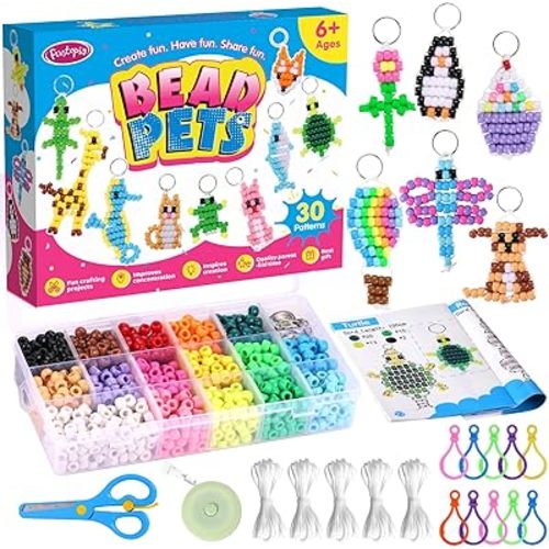 Beads for Crafts, Pony Beads Keychain Making Kit, Bead Pets for Kids Girls