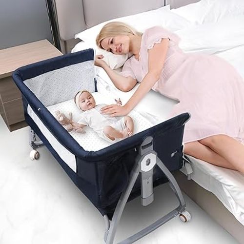 Baby Bedside Bassinet, B aby Bassinet for Newborn, Bedside Crib Sleeper with Storage Basket and 4 Auto-Lock Wheels, Adjustable Height Bassinet Bedside Sleeper for Baby (Navy Blue)