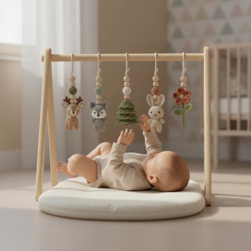 Handmade Custom Woodland Baby Gym | Personalized Wooden Play Gym with Crochet Forest Theme Toys | Neutral Montessori Nursery Decor