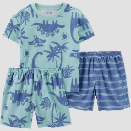 Carter's Just One You® Toddler Boys' 3pc Dinos Striped Pajama Set - Blue 18M: Crew Neck, Elastic Waistband