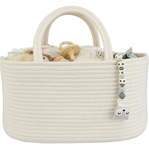 Large Baby Diaper Caddy Organizer for Girl Boy Rope Nursery Storage Bin Basket Portable Holder Tote Bag for Changing Table Car Travel Baby Shower Gifts Newborn Essentials Registry Must Haves White