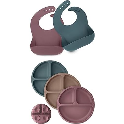 KeaBabies 2-Pack Baby Silicone Bibs and Suction Plates for Baby, Toddler - Waterproof, Easy Wipe Silicone Bib for Babies - 3-Pack 100% Silicone Divided Baby Plates with Suction, BPA Free Plates