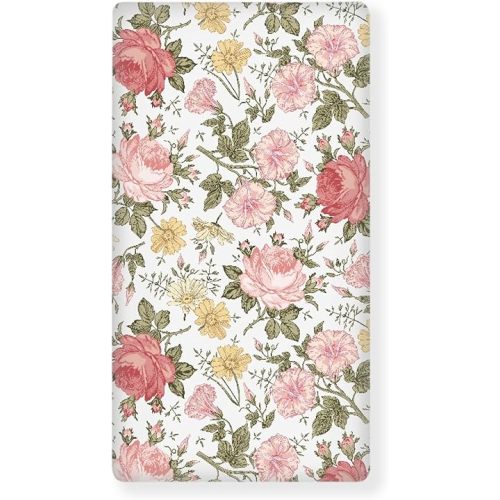 Vintage Floral Boho Fitted Crib Sheet Rose Flowers Standard Crib Mattress Fitted Sheet Blush Pink Yellow Green Baby Toddler Bed Mattress Sheets for Girls 28"x52"
