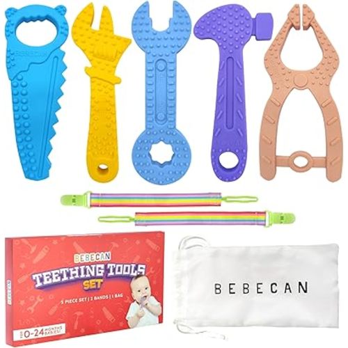 Teething Tools Teether for Baby - 5 Premium Food-Grade Silicone Baby Boy Teething Toys, 2 Straps for Safety and Travel Bag Baby Tool Toys Provide Soothing Relief and Healthy Development.