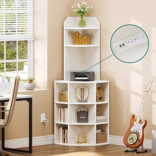 YITAHOME Corner Shelf with USB Ports & Outlets, Modern Corner Storage Cabinet Rack Charging Station, Wooden Display Bookshelf Bookcase for Living Room, Bedroom, Dining Room, Kitchen, White