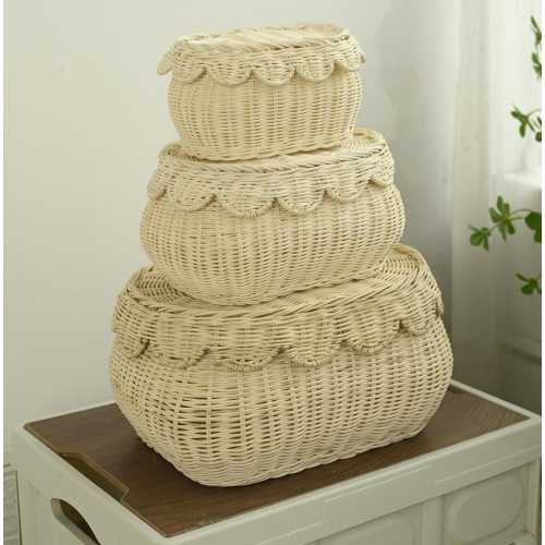 Scalloped Basket for Storage with Lid Set of 3, Wicker Storage Basket for Nursery Organization, Decorative Boxes with Lids, Coastal tray