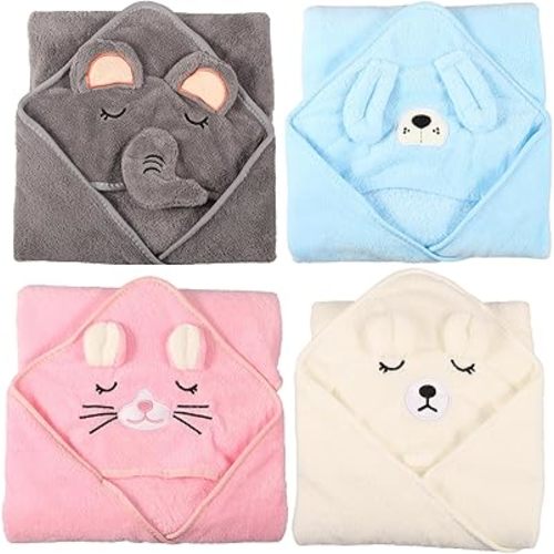 4Pcs Baby Towels Newborn Essentials Coral Fleece Hooded Baby Towel Good Water Absorption Newborn Baby Gift Fast Drying for Boy and Girl