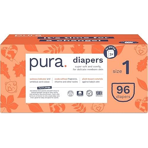 Pura Size 1 Eco-Friendly Diapers (4-11lbs) Totally Chlorine Free (TCF), Hypoallergenic, Soft Organic Cotton Comfort, Sustainable, Wetness Indicator, Allergy UK, 3 Packs of 32 (96 Baby Diapers)
