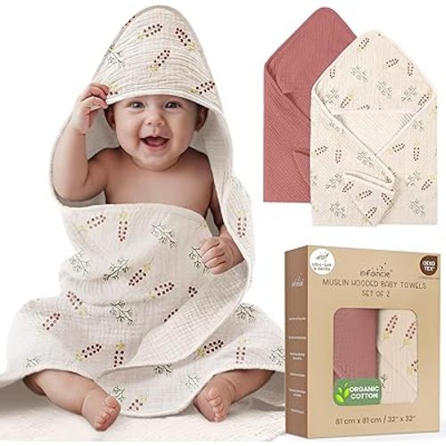 Organic Cotton Muslin Baby Hooded Towels - 32x32 Inch, 2 Pack Newborn Bath Towels for Boys & Girls, Soft & Absorbent Bath Set (Pink/Floral)