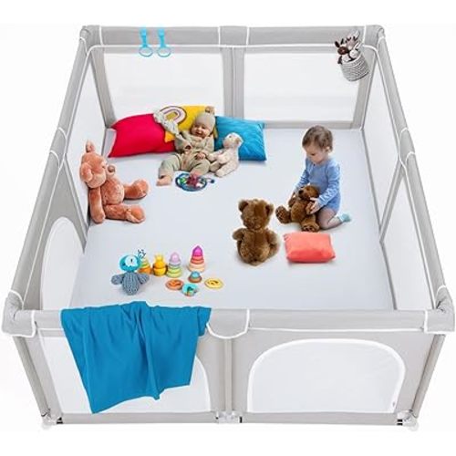 TODALE Extra Large Playpen for Babies and Toddlers 79”×70”- Tear-Resistant, Safe Indoor & Outdoor Oversized Thick Play Yard for Infant, Toddler, Baby Play Pen. Safe Play Floor Area with Gate, Grey